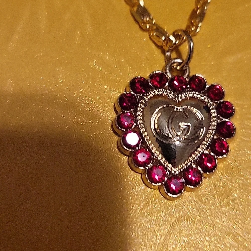 Gold Heart Pendant Necklace with Red Accents - Picture 4 of 5